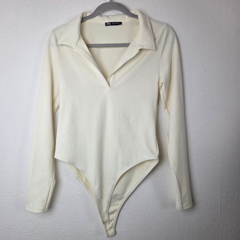 Zara Bodysuit Off White Women's Ribbed Large Collared Long SleeveBody Suit